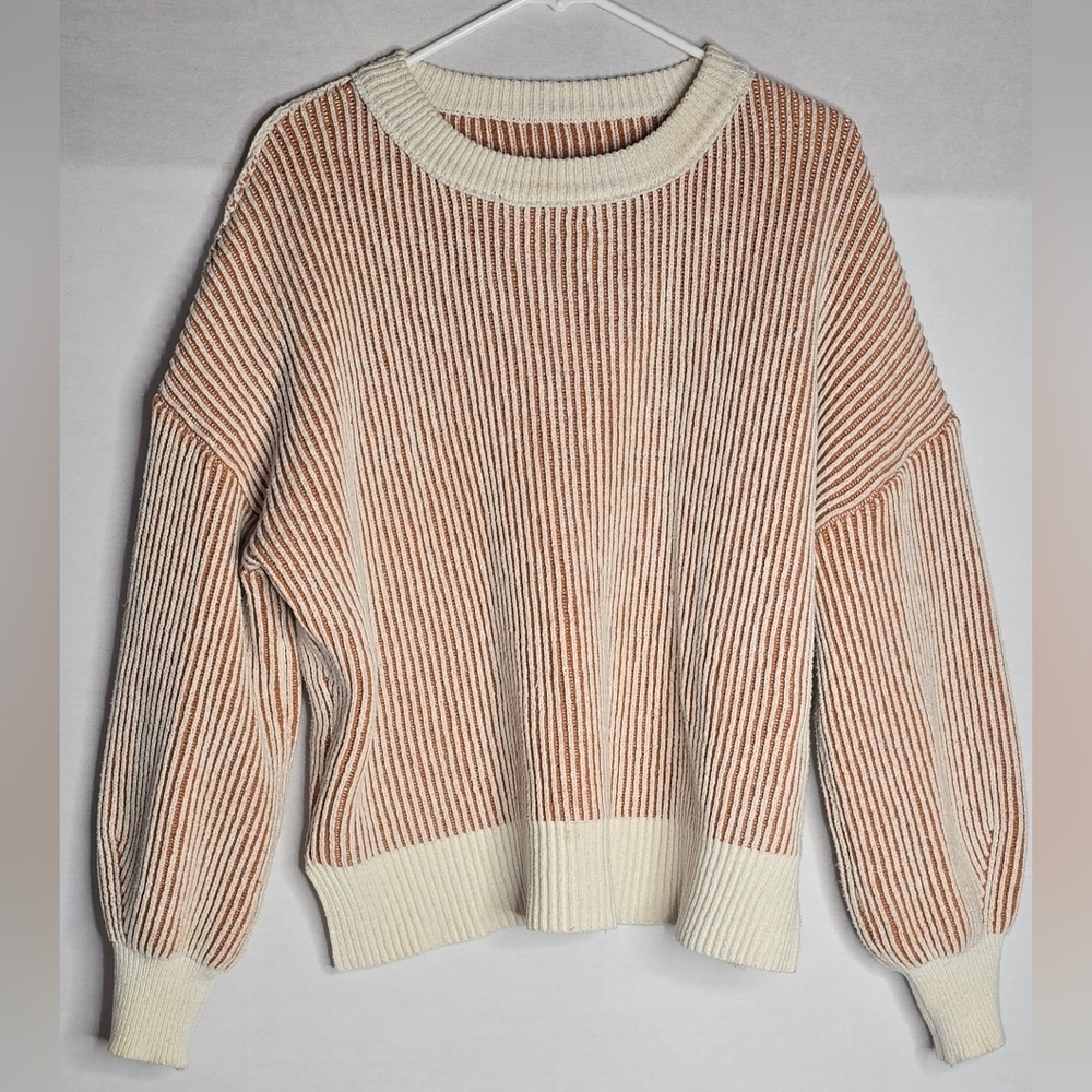 Sweater Women's Size Large Pullover Beige Burnt Orange Balloon Sleeve Ribbed - Picture 2 of 7